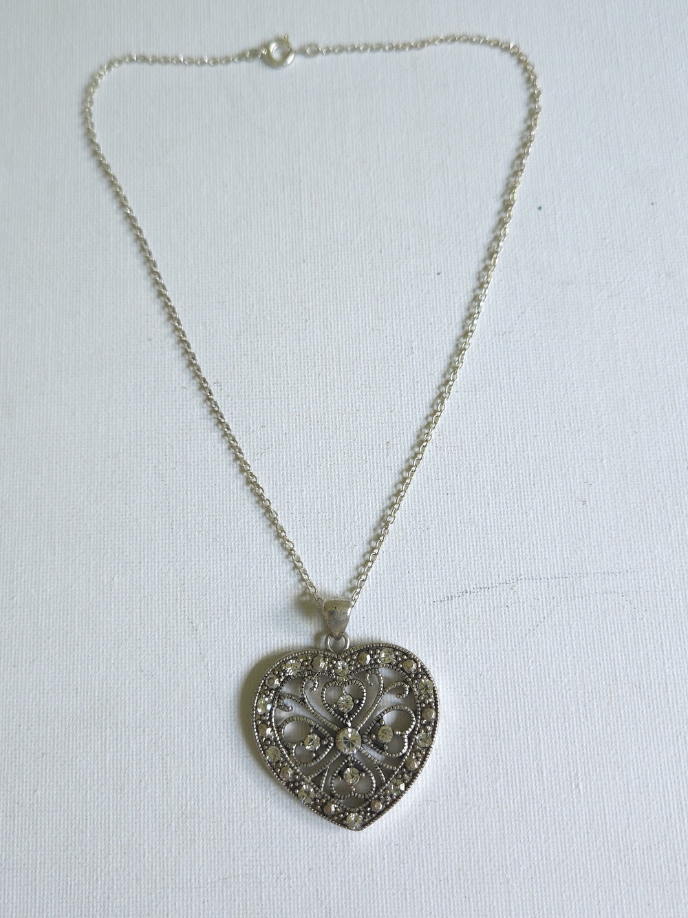 Vintage Silver Tone Filigree Heart Pendant Necklace Rhinestone Marcasite Style